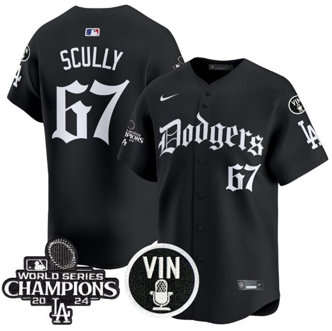 Men's Los Angeles Dodgers #67 Vin Scully Black Mexico 2025 LA Gothic Style With Vin And 2024 World Series Champions Patch Vapor Premier Limited Stitched Baseball Jersey Men's Los Angeles Dodgers #67 Vin Scully Black Mexico 2025 LA Gothic Style With Vin And 2024 World Series Champions Patch Vapor Premier Limited Stitched Baseball Jersey